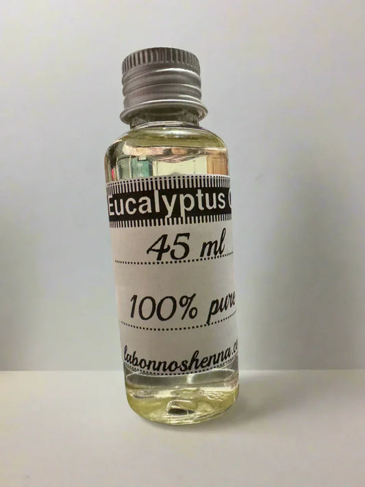 45 ml bottle of 100% pure eucalyptus oil for henna, clear liquid with metal cap