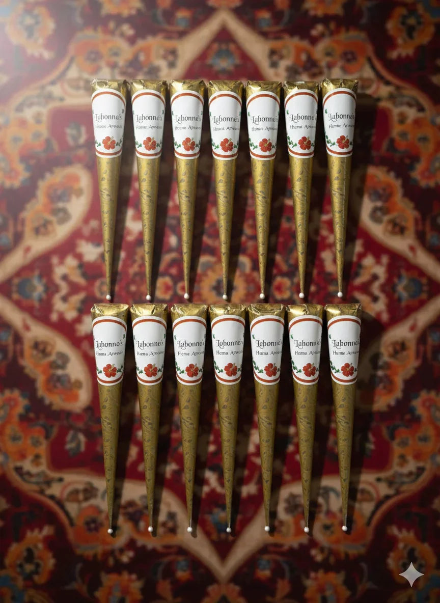 Henna cones arranged on a patterned background, labeled for natural henna artwork.