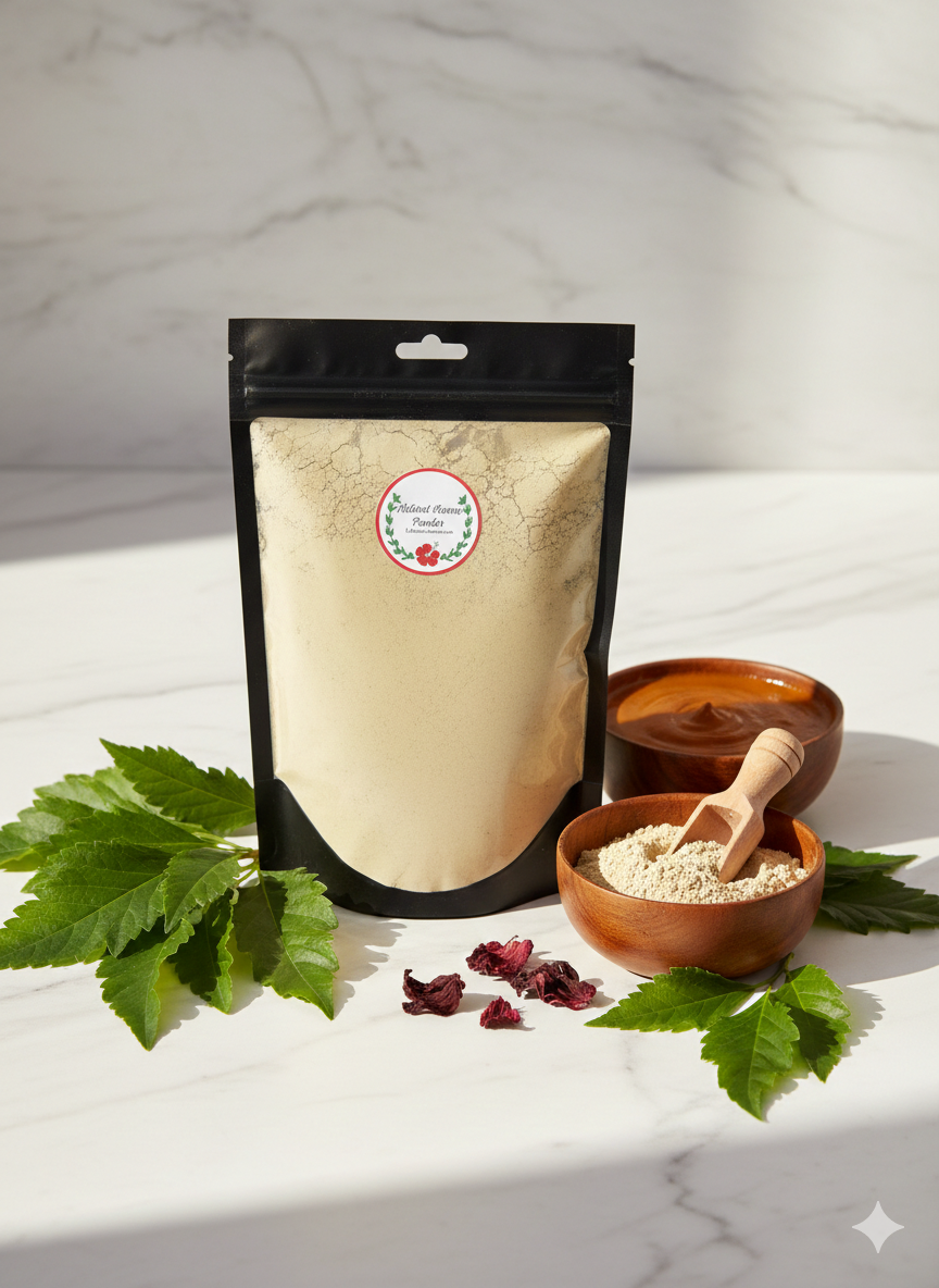 Natural henna powder in a resealable pouch with wooden bowls, green leaves, and dried petals