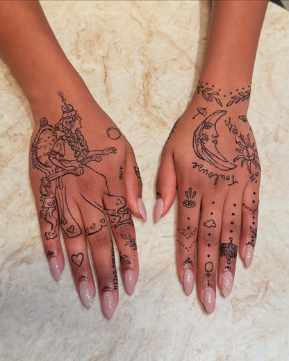 Henna hand art with intricate moon, sun, and goddess designs, New York henna artist work