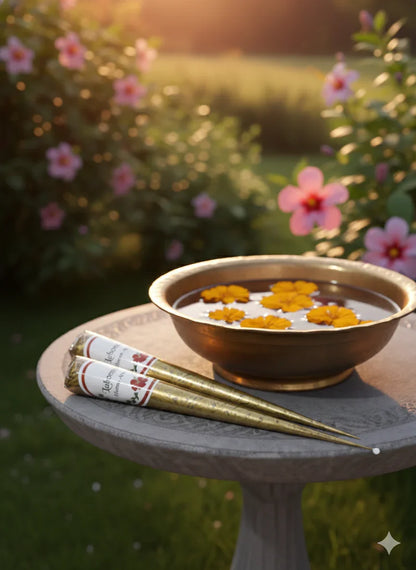 Henna cones beside a brass bowl with floating marigolds on a garden table, surrounded by flowers