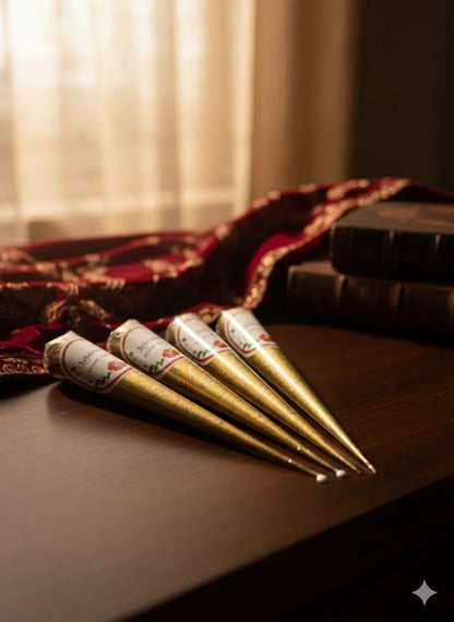 Four gold henna cones on a wooden table, with embroidered velvet fabric and books in background.