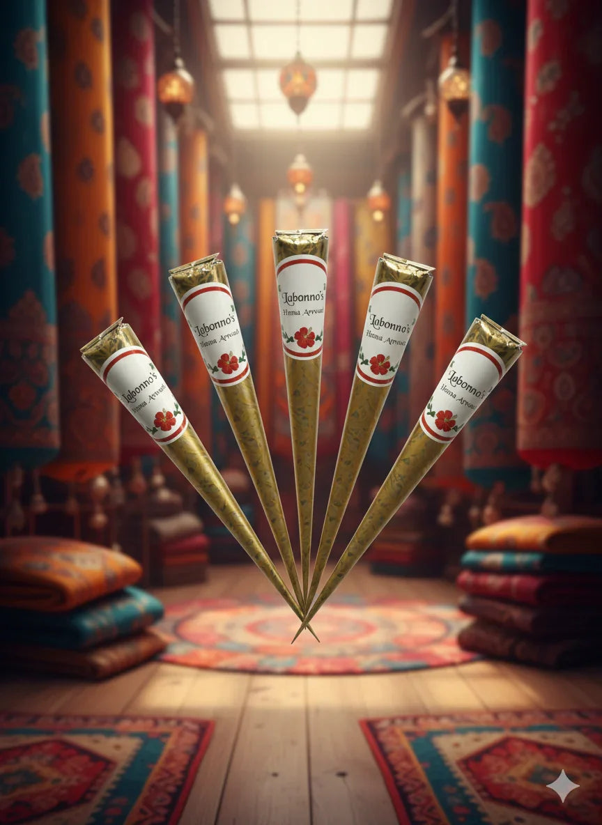 Five henna cones with floral labels arranged in ornate, colorful interior with cushions.