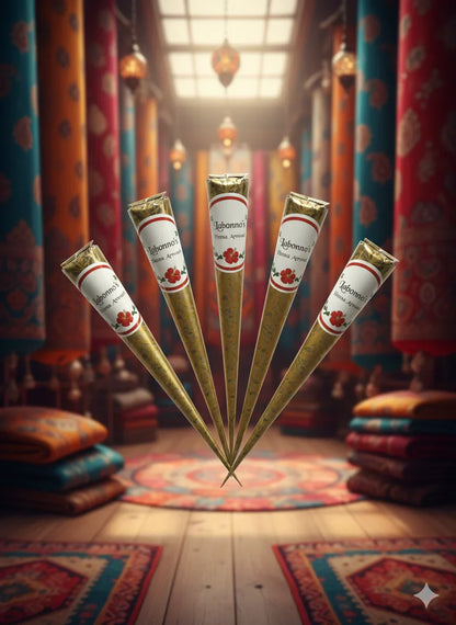 Five henna cones with floral labels arranged in ornate, colorful interior with cushions.