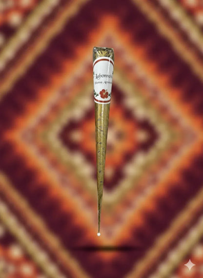 Fresh henna cone for body art with floral label, set against a colorful patterned background