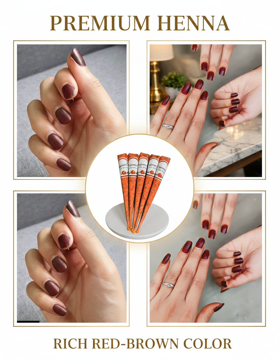 Hands with rich red-brown henna on nails, premium henna cones in center display.