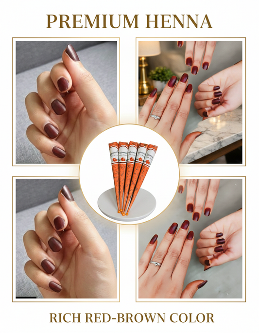 Hands with rich red-brown henna on nails, premium henna cones in center display.