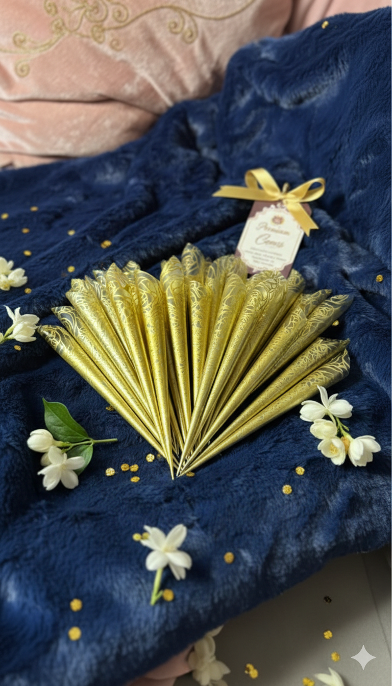 Gold henna cones arranged on blue fabric with white flowers and a gift tag