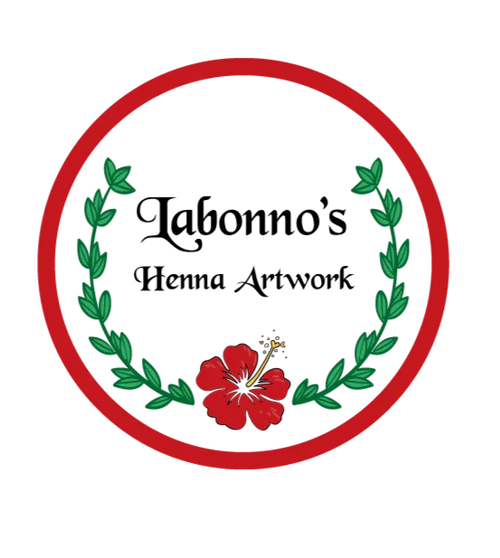 Henna artwork logo with red circle, green leaf laurel, and red hibiscus flower