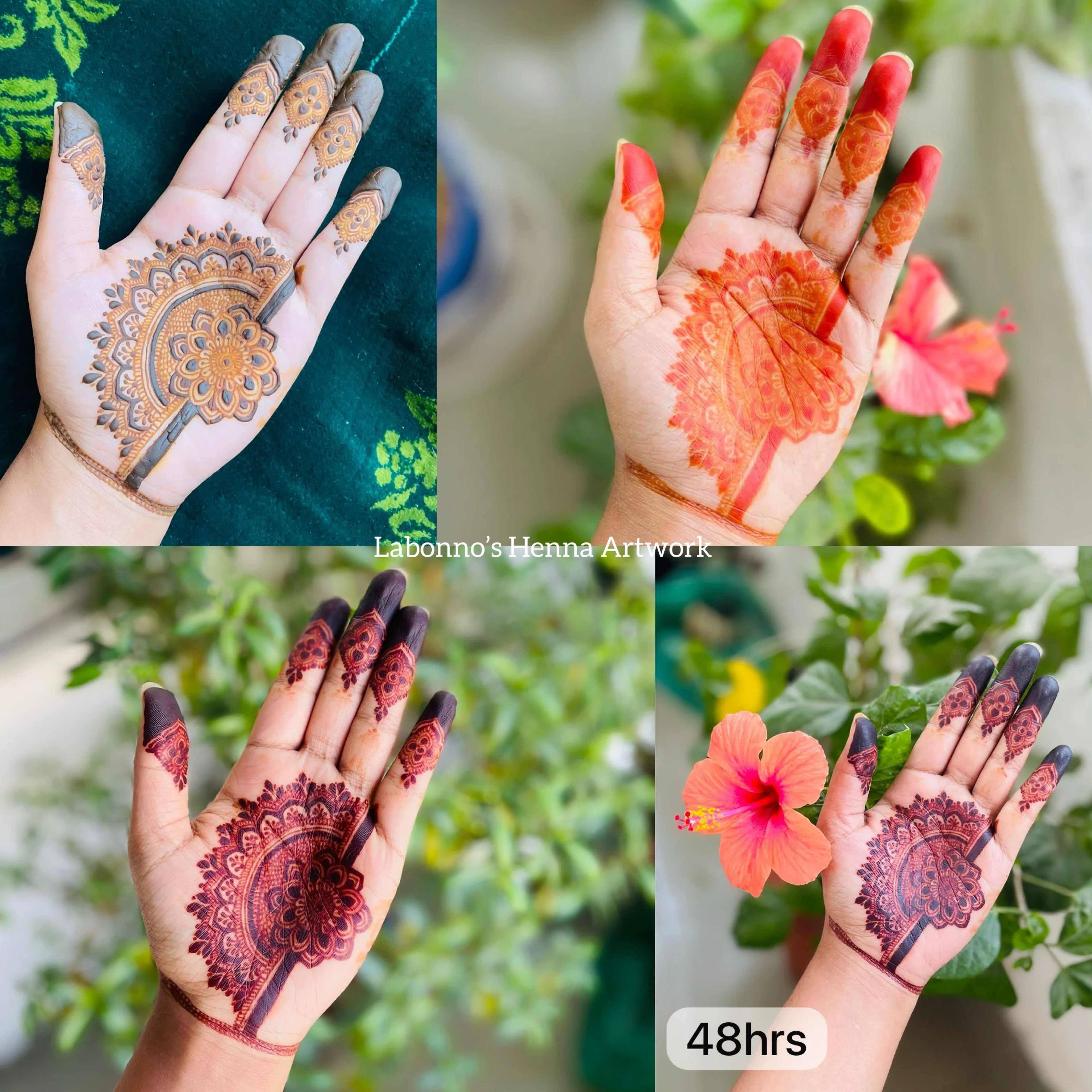 Four stages of intricate henna design on palm, showcasing color development over 48 hours
